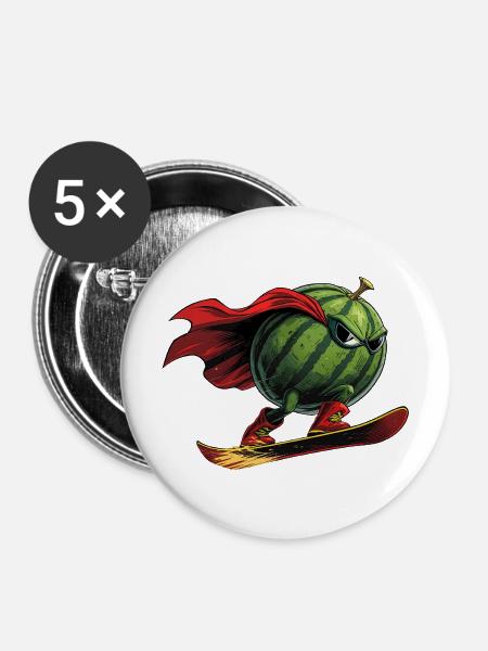Superheld Wassermelone Auf Snowboard Action - Buttons mittel 32 mm (5er Pack) - Weiß