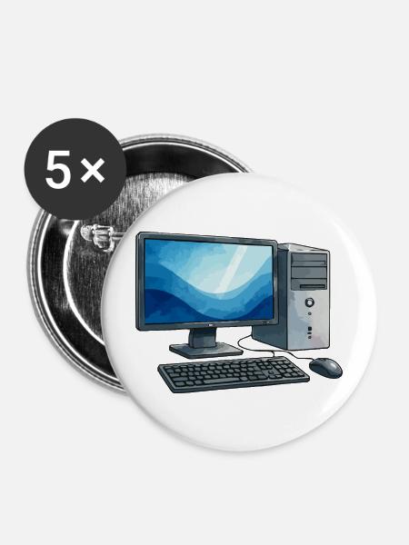 Retro PC Arbeitsstation Illustration - Buttons mittel 32 mm (5er Pack) - Weiß