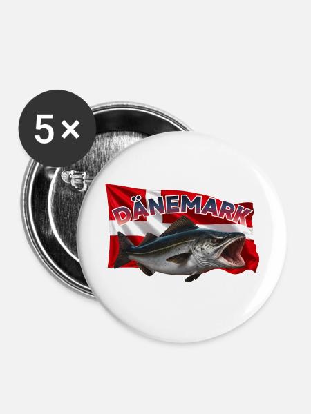 Dänemark Köhler Angeln - Buttons mittel 32 mm (5er Pack) - Weiß