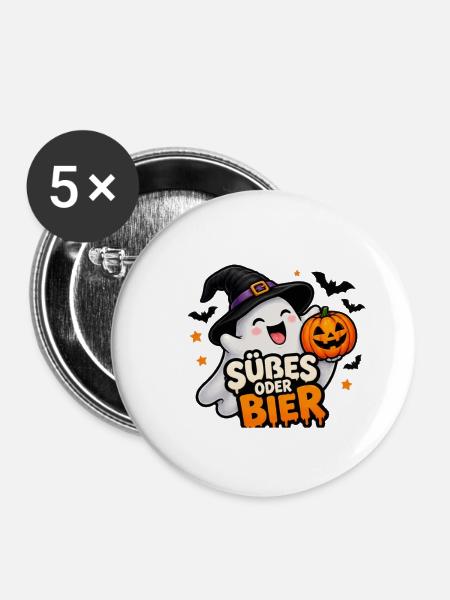 Süßes oder Bier – Lustiger Halloween Geist - Buttons mittel 32 mm (5er Pack) - Weiß