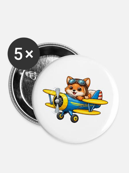 Fuchs Pilot Doppeldecker Flugzeug Cartoon - Buttons mittel 32 mm (5er Pack) - Weiß