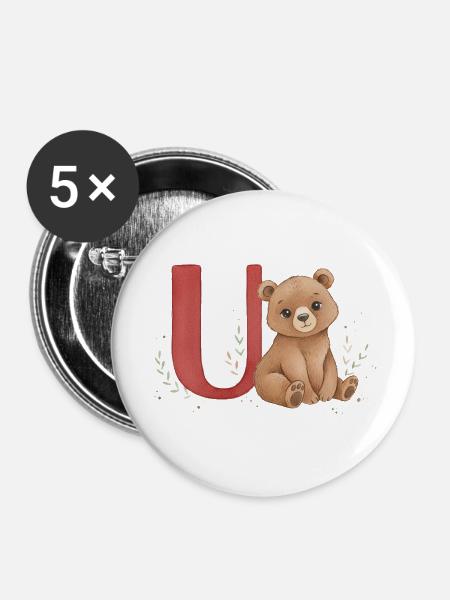 Bär mit Buchstabe U - Buttons mittel 32 mm (5er Pack) - Weiß