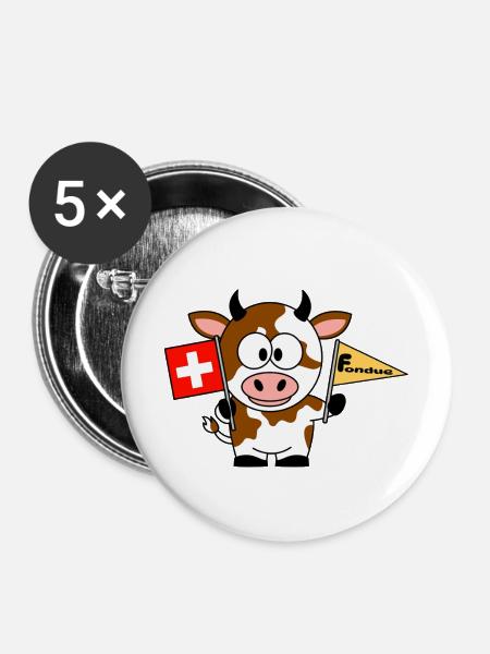 Kuh mit Fondue Flaggen - Buttons mittel 32 mm (5er Pack) - Weiß