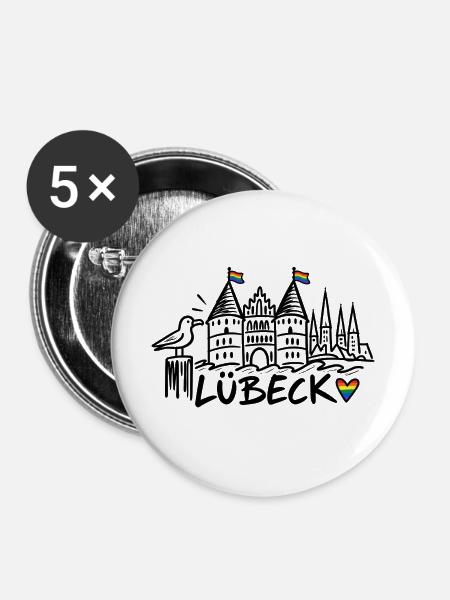 Lübeck mit Regenbogenfahnen - Buttons mittel 32 mm (5er Pack) - Weiß