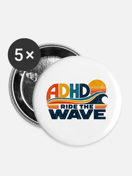 ADHD – Ride the Wave | Retro-Sonne & Welle - Buttons mittel 32 mm (5er Pack) - Weiß