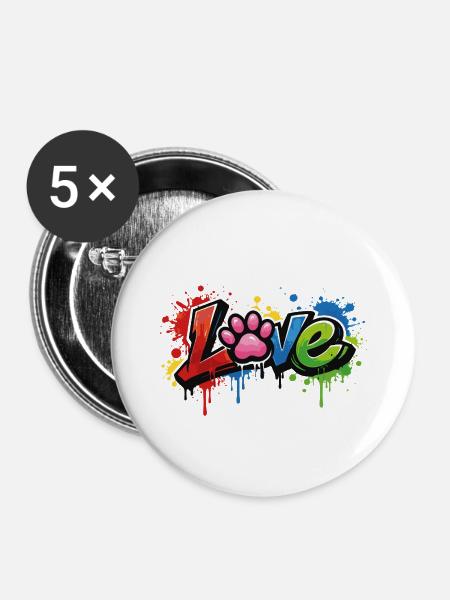 Love – Graffiti Stil mit Katzenpfote - Buttons mittel 32 mm (5er Pack) - Weiß