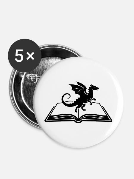 Drache auf Buch Fantasy - Buttons mittel 32 mm (5er Pack) - Weiß