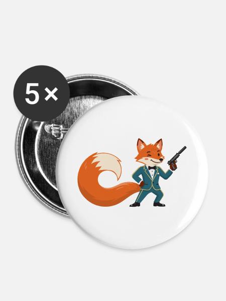 Fuchs Gentleman mit Pistole - Buttons mittel 32 mm (5er Pack) - Weiß