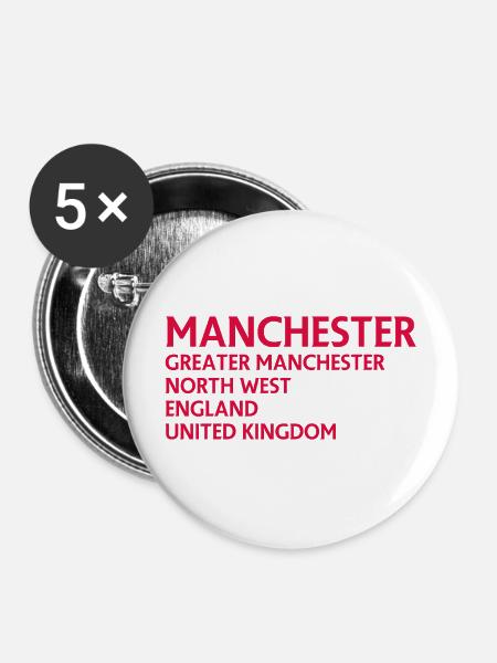 Manchester – England Lyric Design - Buttons mittel 32 mm (5er Pack) - Weiß