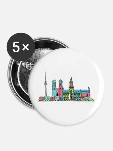 Münchner Stadtskyline Marienplatz Moderne Linienkunst - Buttons mittel 32 mm (5er Pack) - Weiß