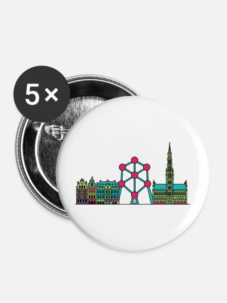Brüsseler Stadtsilhouette Atomium Moderne Linienkunst - Buttons mittel 32 mm (5er Pack) - Weiß