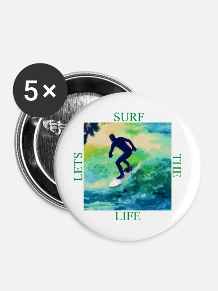 Surfer auf Farbwellen - Buttons mittel 32 mm (5er Pack) - Weiß