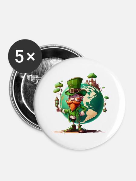 Weltglücks-Leprechaun - Buttons mittel 32 mm (5er Pack) - Weiß