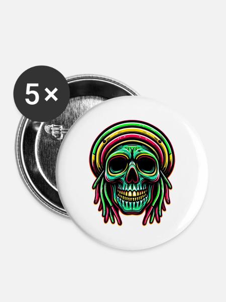 Reggae-Schädel Dekofigur Rasta-Kultur - Buttons mittel 32 mm (5er Pack) - Weiß