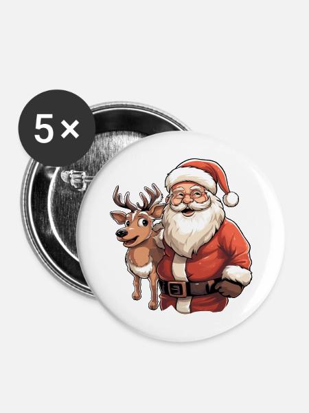 Weihnachtsmann mit renntier - Buttons mittel 32 mm (5er Pack) - Weiß