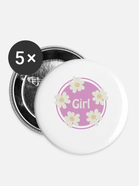Girl Blumenmotiv – Süßes Mädchen Retro Design - Buttons mittel 32 mm (5er Pack) - Weiß