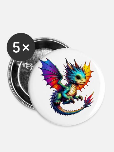 Drache - Buttons mittel 32 mm (5er Pack) - Weiß