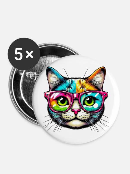 Kater mit Sonnenbrille - Buttons mittel 32 mm (5er Pack) - Weiß