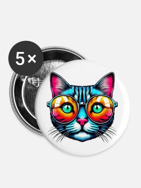 Kater mit Sonnenbrille - Buttons mittel 32 mm (5er Pack) - Weiß
