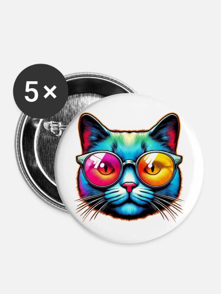 Kater mit Sonnenbrille - Buttons mittel 32 mm (5er Pack) - Weiß
