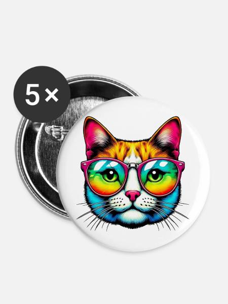 Kater mit Sonnenbrille - Buttons mittel 32 mm (5er Pack) - Weiß