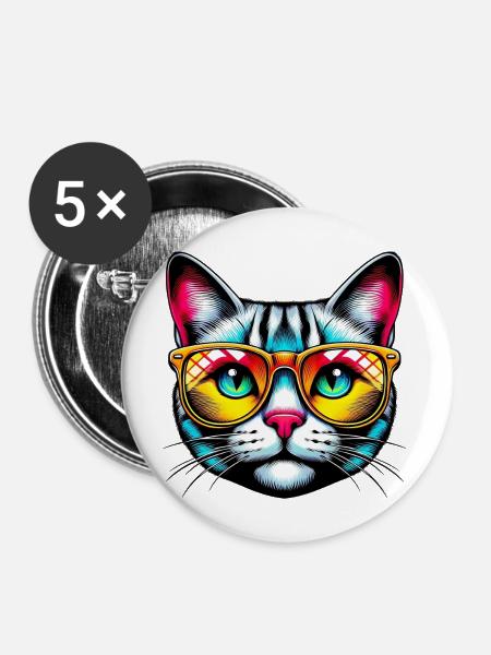 Kater mit Sonnenbrille - Buttons mittel 32 mm (5er Pack) - Weiß