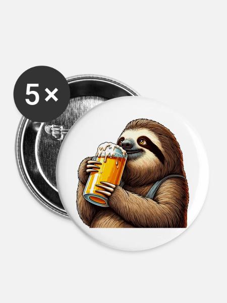 Bier Faultier Genuss Geschenk - Buttons mittel 32 mm (5er Pack) - Weiß
