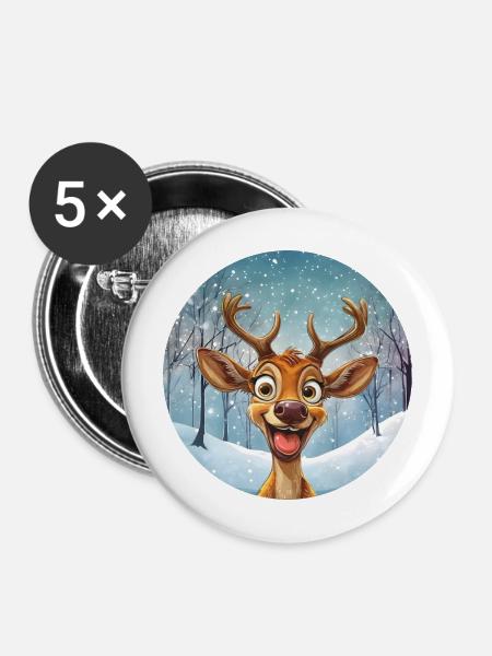 Fröhliches Winterrentier im Winterwald - Buttons mittel 32 mm (5er Pack) - Weiß