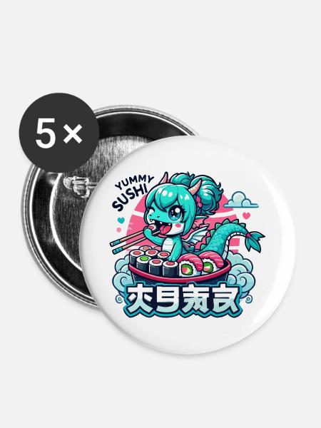 Drache Maki Sushi Kawaii Geschenk - Buttons mittel 32 mm (5er Pack) - Weiß
