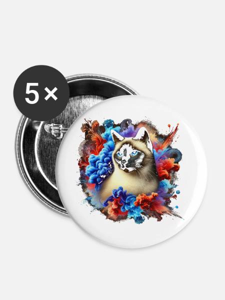 Bunte Siam Katze mit Farbspritzern - Buttons mittel 32 mm (5er Pack) - Weiß
