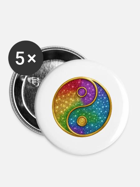 Regenbogen-Yin-Yang mit funkelnden Sternen - Buttons mittel 32 mm (5er Pack) - Weiß
