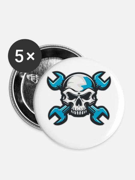 Mechanikerschädel - Buttons mittel 32 mm (5er Pack) - Weiß