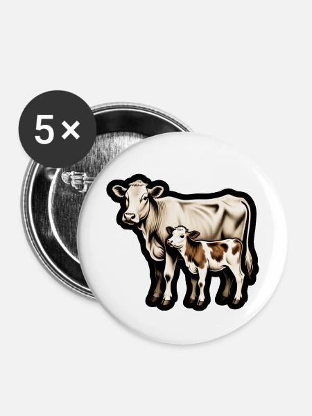 Mutterkuh mit Kalb – Retro Tierillustration - Buttons mittel 32 mm (5er Pack) - Weiß