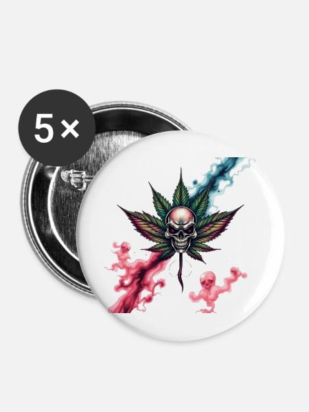 Skull mit farbigem Cannabisblatt - Buttons mittel 32 mm (5er Pack) - Weiß