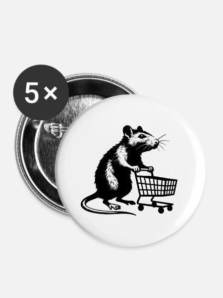 Ratte mit Einkaufswagen - Buttons mittel 32 mm (5er Pack) - Weiß