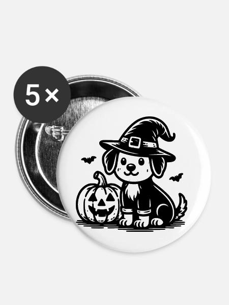 Hund mit Hexenhut - Buttons mittel 32 mm (5er Pack) - Weiß