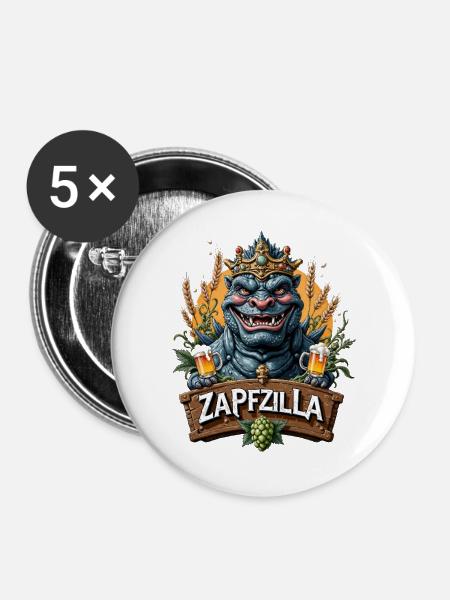 Zapfzilla König Dino Bier - Buttons mittel 32 mm (5er Pack) - Weiß