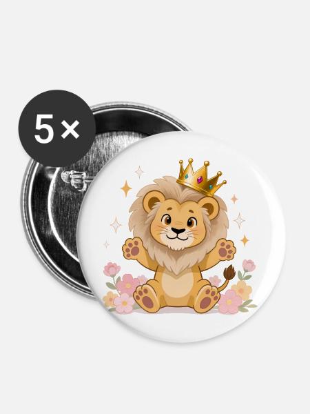 🦁 Löwe mit Krone und Blumen - Buttons mittel 32 mm (5er Pack) - Weiß