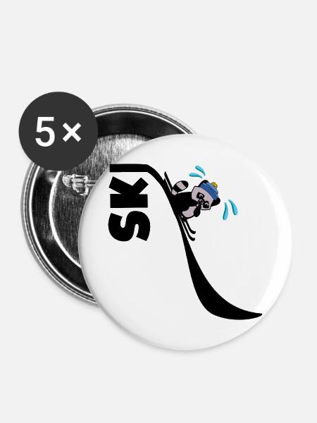 Kinder Skifahrer Waschbär - Buttons mittel 32 mm (5er Pack) - Weiß