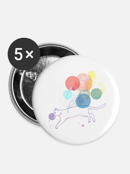 Bunte Katze mit schwebenden Ballons Illustration - Buttons mittel 32 mm (5er Pack) - Weiß