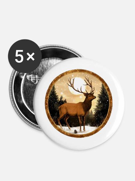 Hirsch im Schnee - Buttons mittel 32 mm (5er Pack) - Weiß