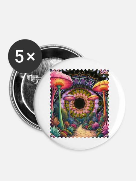 Psychedelischer Pilzpfad Mandala - Buttons mittel 32 mm (5er Pack) - Weiß