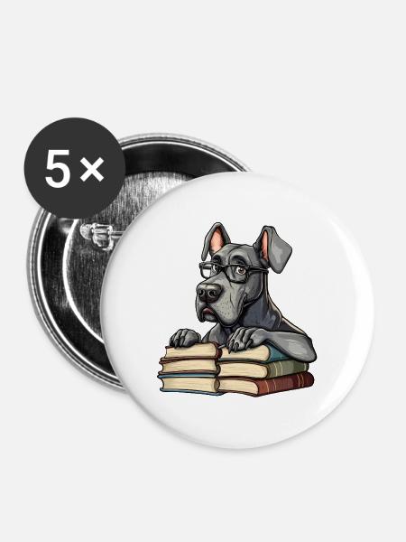 Süßes Dogge-Lesebuch mit Brille - Buttons mittel 32 mm (5er Pack) - Weiß