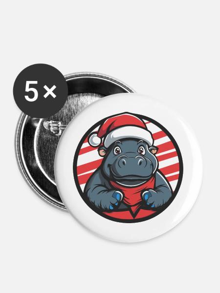 Weihnachts-Hippo Cartoon - Buttons mittel 32 mm (5er Pack) - Weiß