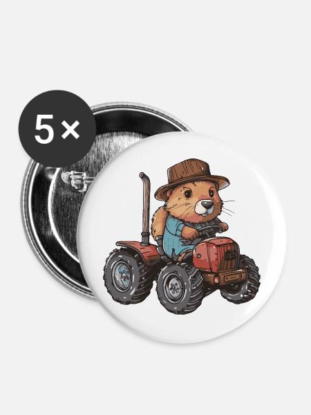 Biber Traktor Farmer - Buttons mittel 32 mm (5er Pack) - Weiß