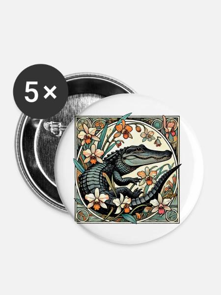Krokodil im Blumenkreis - Buttons mittel 32 mm (5er Pack) - Weiß