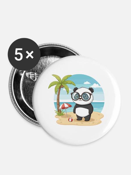 Süßer Panda mit Brille Strand-Sommerurlaub - Buttons mittel 32 mm (5er Pack) - Weiß