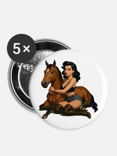 Pin-up-Reiter mit Pferd - Buttons mittel 32 mm (5er Pack) - Weiß