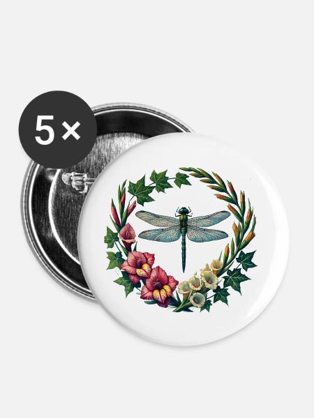 Libellen-Blumenkranz - Buttons mittel 32 mm (5er Pack) - Weiß