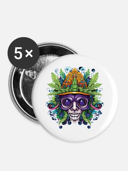 Psychedelischer Schädel mit Blattkrone - Buttons mittel 32 mm (5er Pack) - Weiß